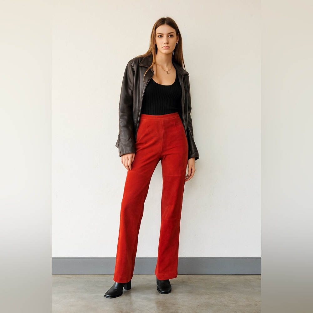 Vintage Terry Lewis Vibrant Red High Waisted Suede Straight Leg Pants Sz. 10